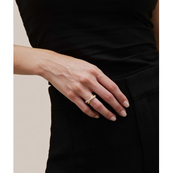 Anel Banhado 18 Kt Dupla Faixa Cruzada Planície e Zircônia