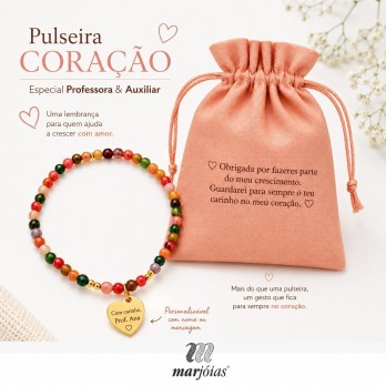 Pulseira  Coração Personalizável Professora & Auxiliar - Pedras Ágata